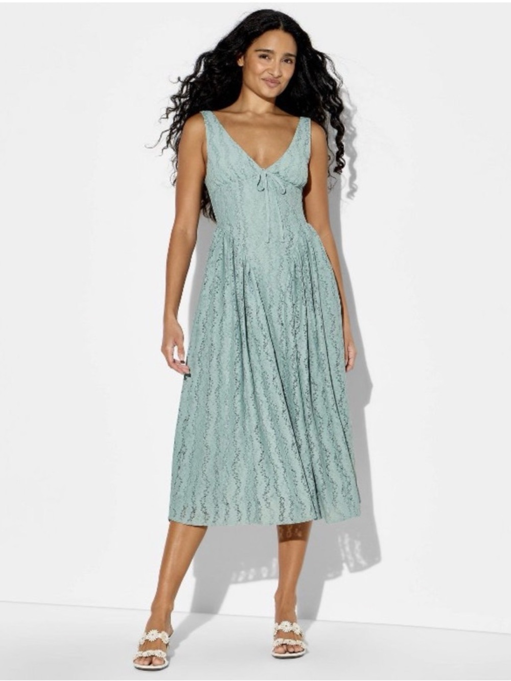 Midi Lace V-Neck Basque Empire Waist Dress Wild Fable Slate Blue Small